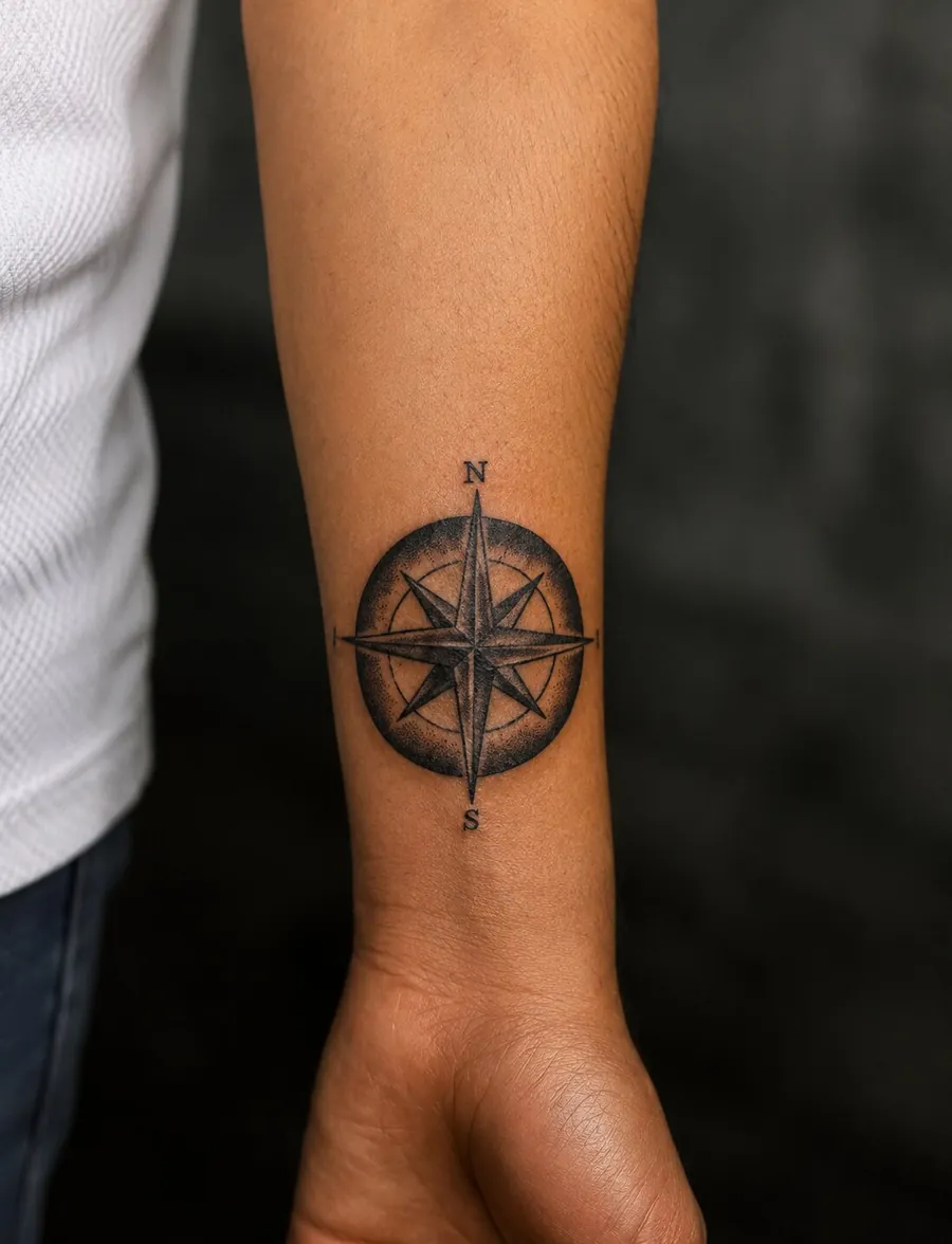 Black and grey compass rose tattoo on a wrist