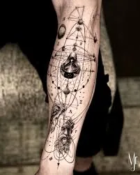 Fine line celestial tattoo of orbits, planets and a bearded figure down the leg