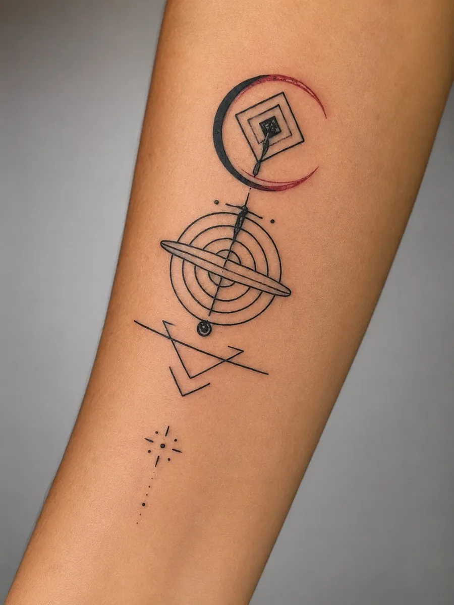 Geometric linework tattoo with a red crescent, spiral and circles on a forearm