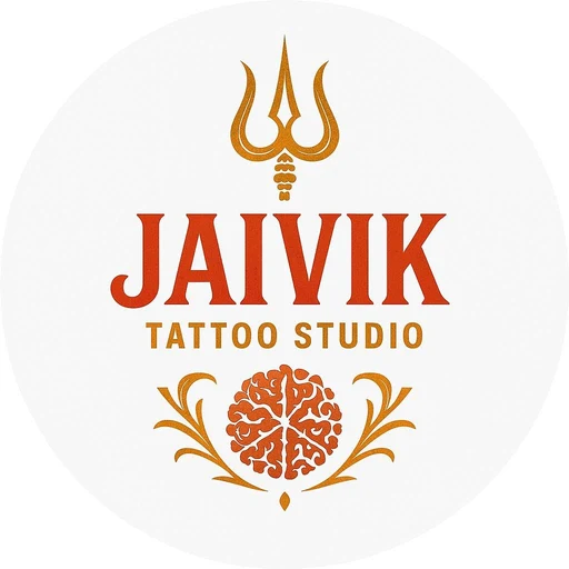 Jaivik Tattoo Studio logo with a trishul above the name